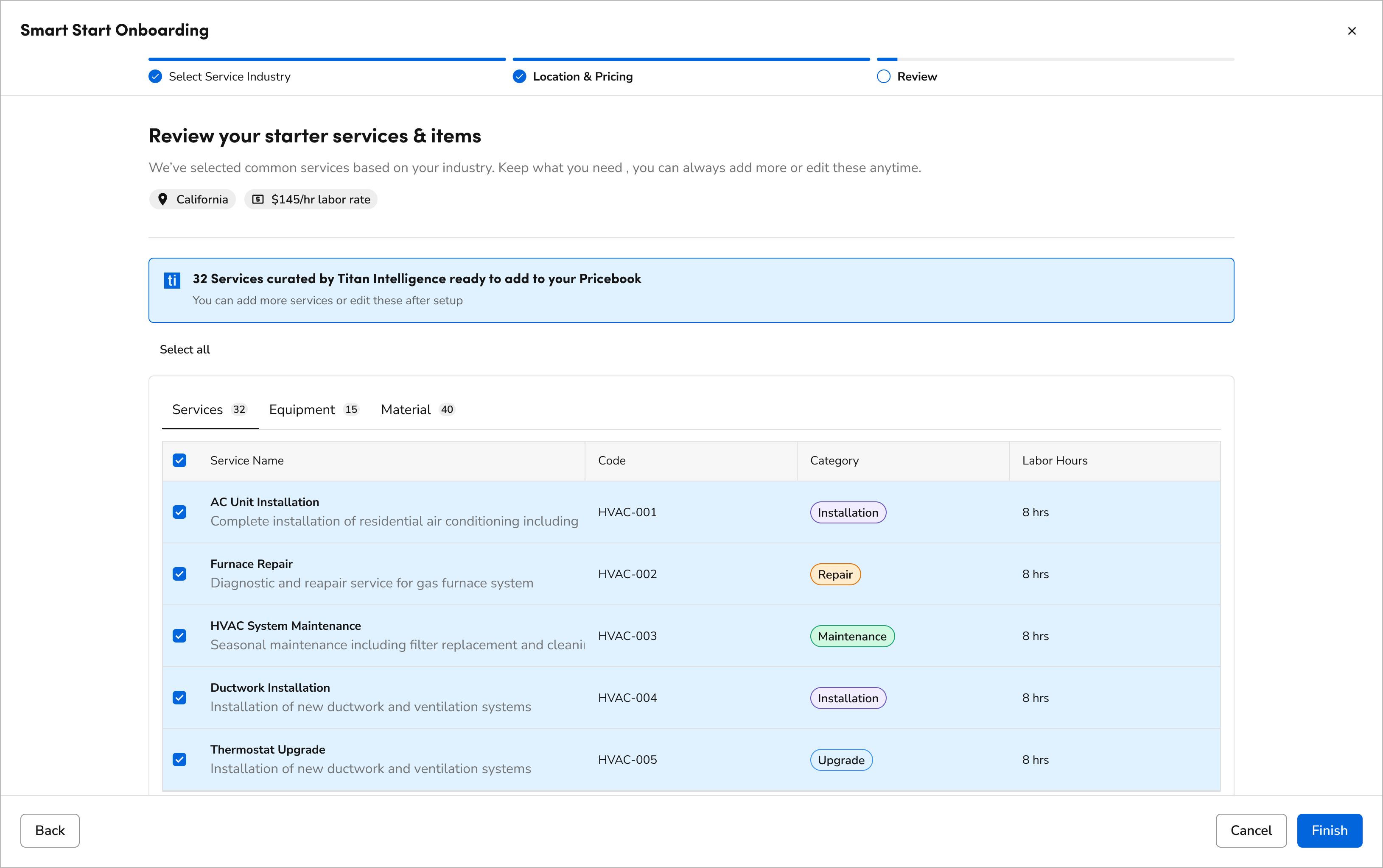 Reviewing pre-selected services for Smart Start Onboarding